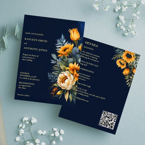 Fall wedding navy blue rustic sunflower all in one invitation