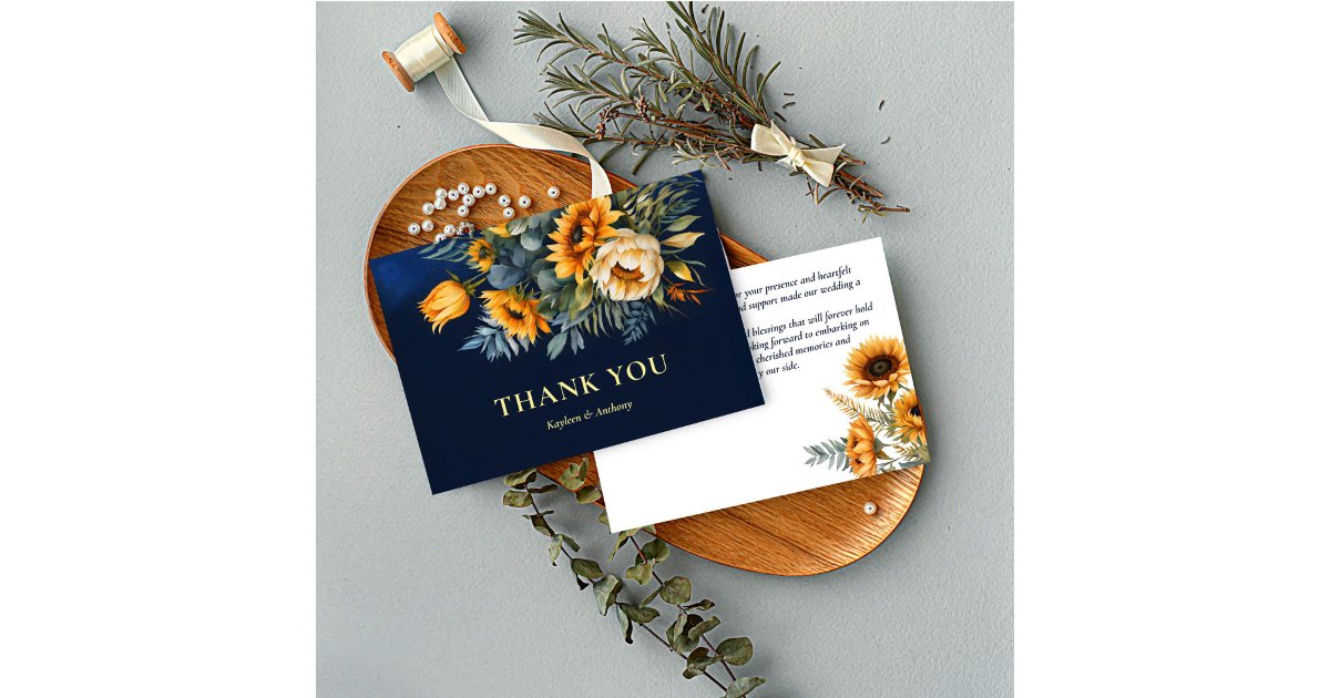 Fall wedding navy blue rustic sunflower thank you card | Zazzle
