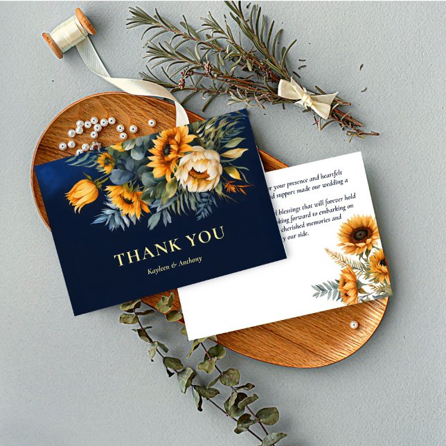 Fall wedding navy blue rustic sunflower thank you card (Fall wedding navy blue rustic sunflower thank you cards floral yellow blue thank you cards)