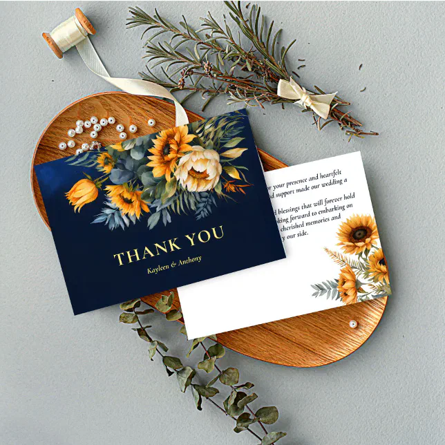Fall wedding navy blue rustic sunflower thank you card | Zazzle