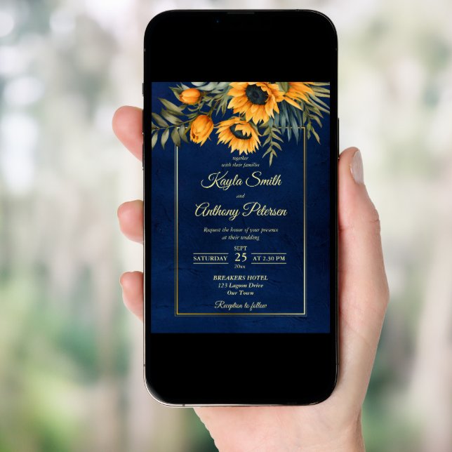 Fall wedding navy blue yellow sunflower all in one invitation (Front Digital)