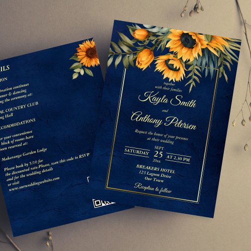 Fall wedding navy blue yellow sunflower all in one invitation