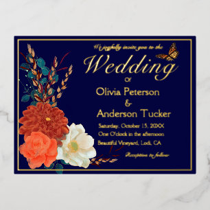 Fall Wedding Navy QRC Floral Monarch Butterfly Foil Invitation Postcard