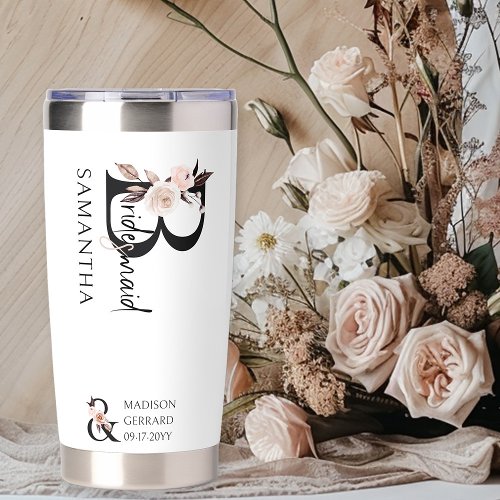 Fall Wedding Neutral Boho Floral Letter Bridesmaid Insulated Tumbler