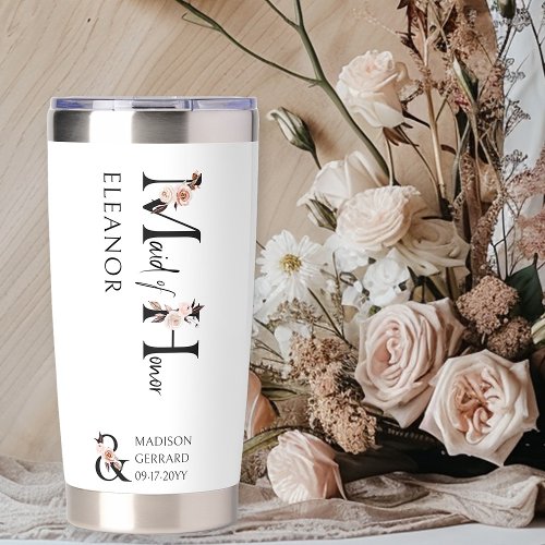 Fall Wedding Neutral Floral Letter Maid of Honor Insulated Tumbler