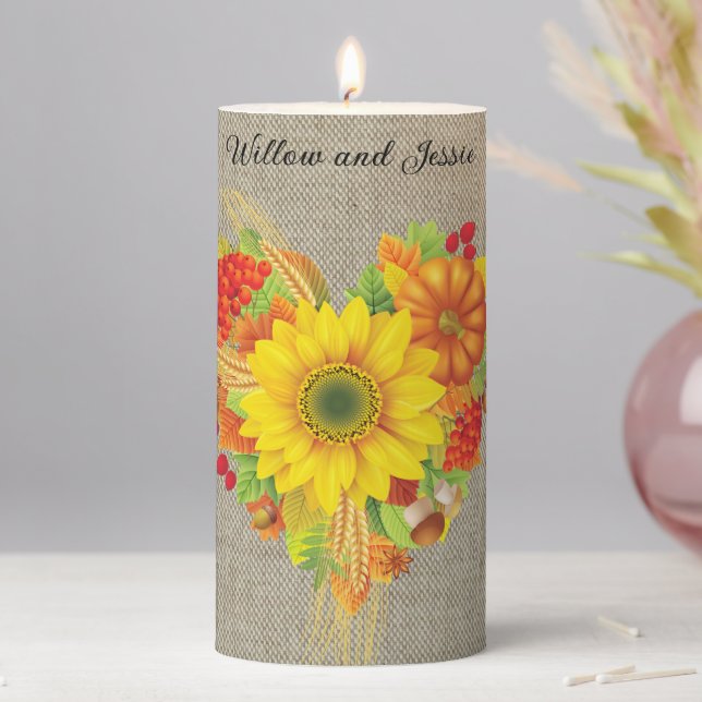 Fall Wedding or Anniversary Personalize Sunflower Pillar Candle (In Situ)