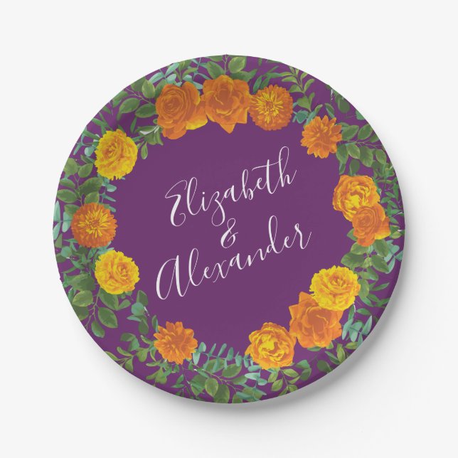 Fall Wedding Orange Rose Purple Paper Plates (Front)