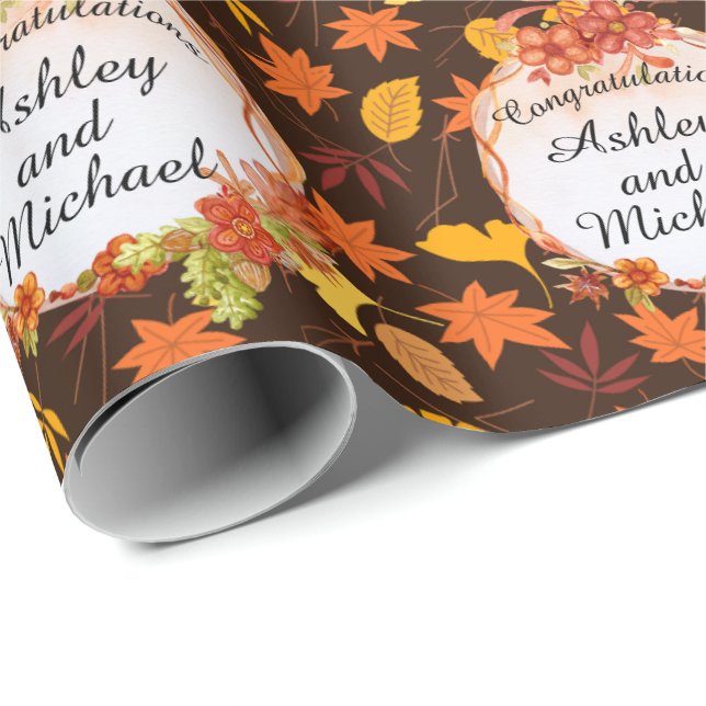 Fall Wedding Personalize Names Autumn Leaves Wrapping Paper (Roll Corner)