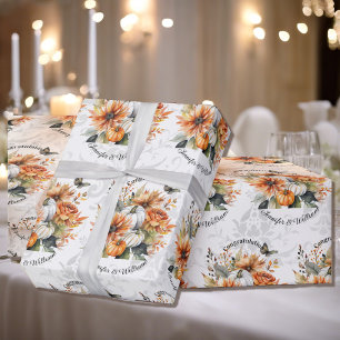 Fall Wedding Personalize Names Pumpkin Mums Roll Wrapping Paper