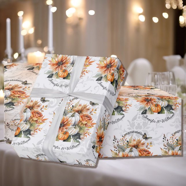 Fall Wedding Personalize Names Pumpkin Mums Roll Wrapping Paper (Creator Uploaded)
