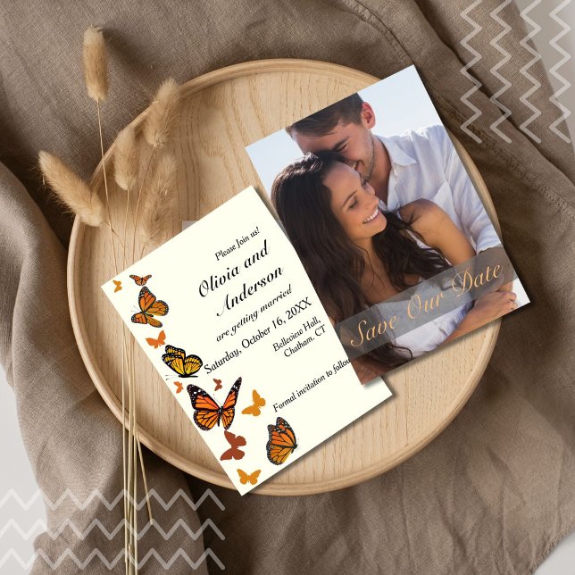 Fall Wedding Photo Monarch Butterfly Save The Date (Monarch butterflies add romantic fall vibes to this photo save the date. )