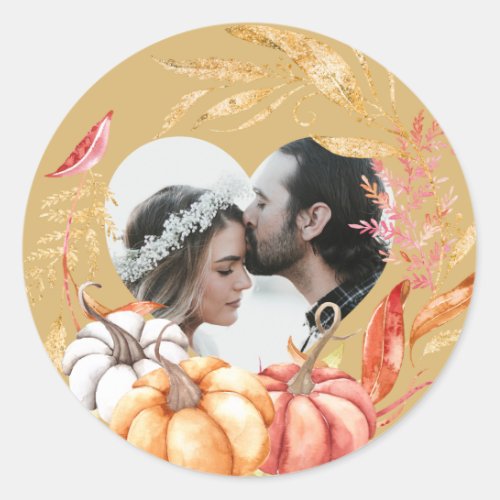 Fall Wedding Pumpkin Heart Shape Photo Gold Yellow Classic Round Sticker