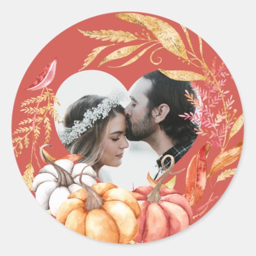 Fall Wedding Pumpkin Heart Shape Photo Warm Red Classic Round Sticker