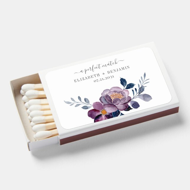 Fall Wedding Purple Floral Rustic Botanical Matchboxes (Front Open)