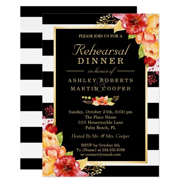 Fall Wedding Rehearsal Dinner Gold Floral Stripes Invitation