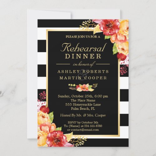 Fall Wedding Rehearsal Dinner Gold Floral Stripes Invitation