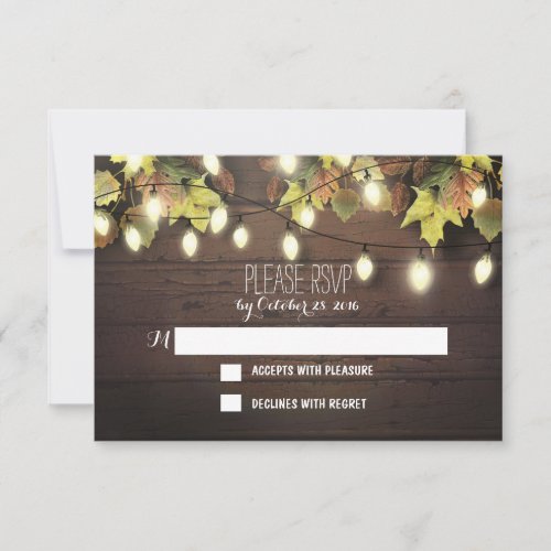 Fall wedding RSVP cards with twinkle lights - Fabulous rustic wedding reply cards with colorful fall leaves on the old barn wood background --------------Please contact me if you have a question regarding design or have a custom color request. ----------- If you push CUSTOMIZE IT button you will be able to change the font style, color, size, move it etc. it will give you more options!