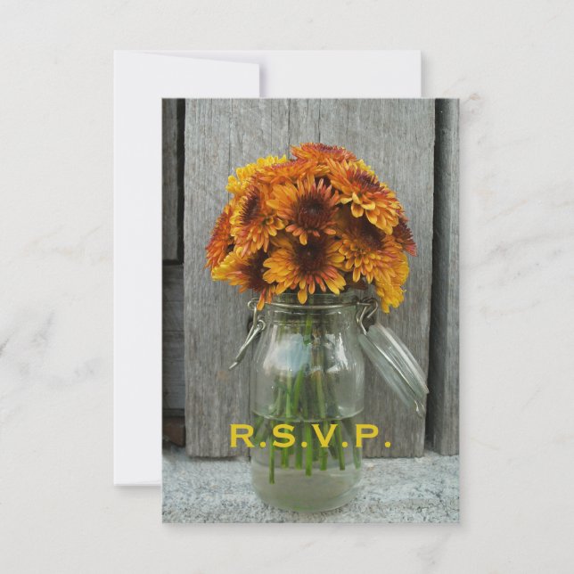 Fall Wedding RSVP: Mason Jar Flowers & Barnwood RSVP Card (Front)