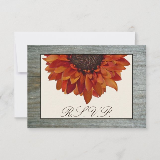 Fall Wedding RSVP - Sunflower & Barnwood Card (Front)