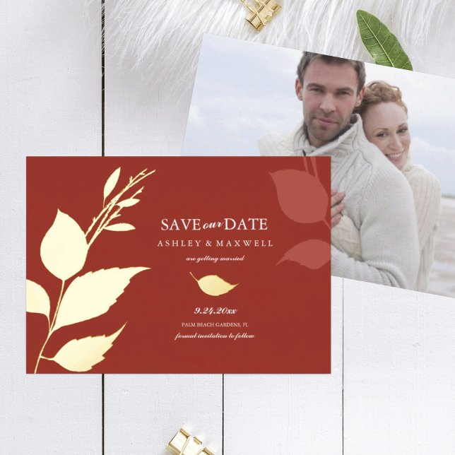 Fall Wedding Save the Date Orange Leaves Foil Invitation (save the date orange wedding photo card)