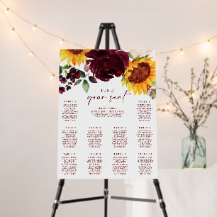Fall Wedding Seating Chart Sunflowers Roses 18x24 Foam Board