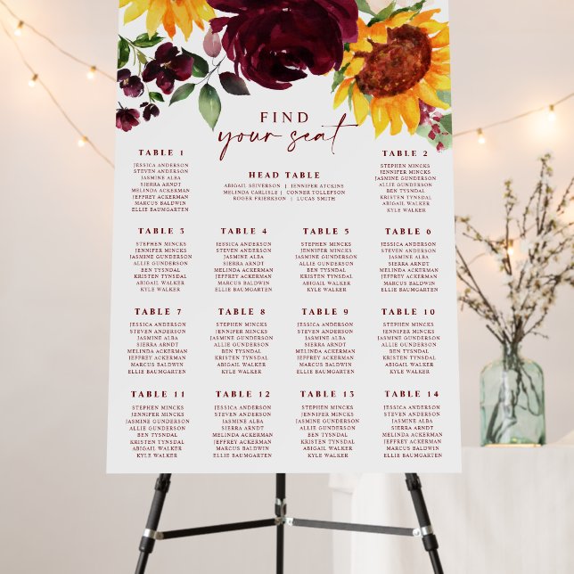 Fall Wedding Seating Chart Sunflowers Roses Foam Board (In Situ (Stand))