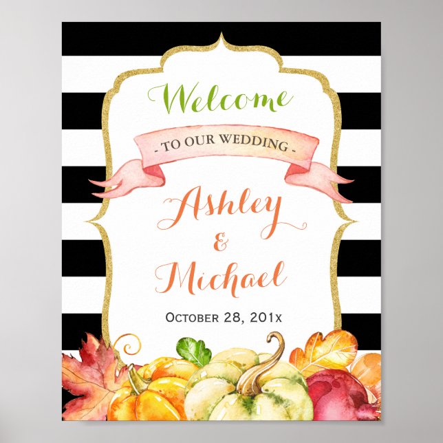 Fall Wedding Sign | Autumn Pumpkins Leaves Theme (Front)