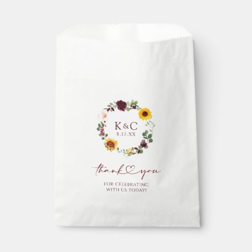 Fall Wedding Sunflower and Burgundy Roses Favor Bag