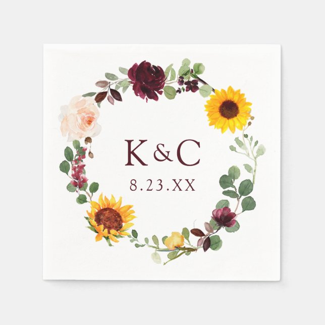 Fall Wedding Sunflower Wreath Roses Burgundy Red Napkins (Front)