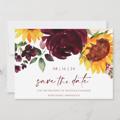 Fall Wedding Sunflowers Burgundy Red Floral Save The Date