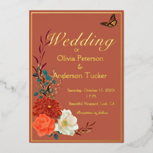 Fall Wedding Terracotta Floral Monarch Butterfly Foil Invitation