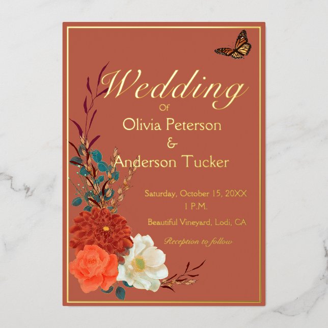 Fall Wedding Terracotta Floral Monarch Butterfly Foil Invitation (Front)