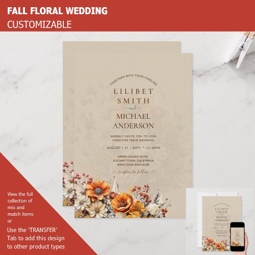 FALL WEDDING THEME  BURNT ORANGE   RUSTIC FLORAL INVITATION