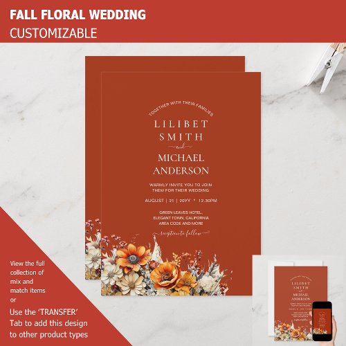 FALL WEDDING THEME  BURNT ORANGE   RUSTIC FLORAL INVITATION