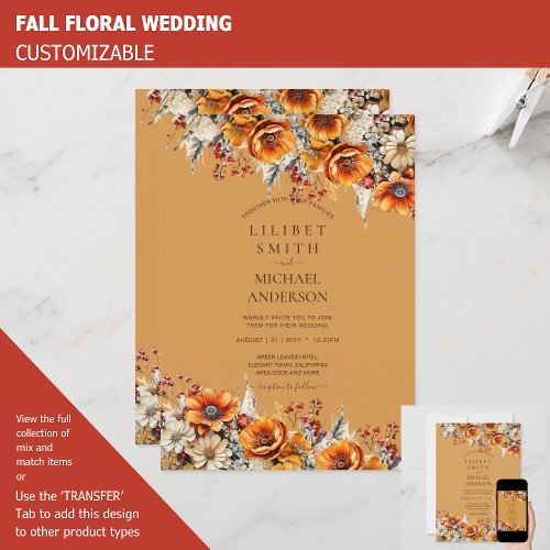 FALL WEDDING THEME  BURNT ORANGE   RUSTIC FLORAL INVITATION