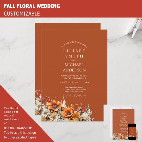 FALL WEDDING THEME  BURNT ORANGE   RUSTIC FLORAL INVITATION