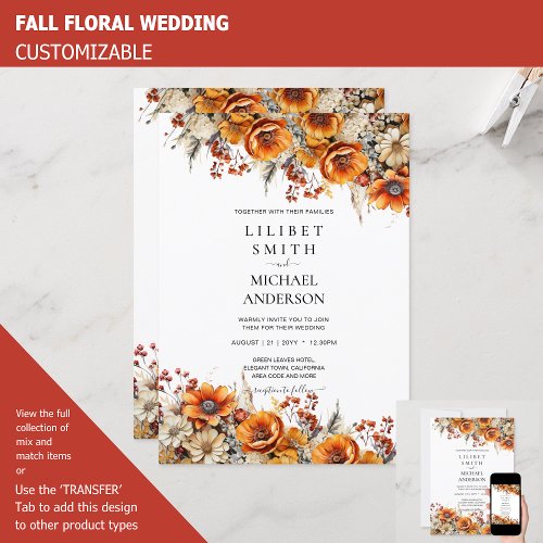 FALL WEDDING THEME  BURNT ORANGE   RUSTIC FLORAL INVITATION