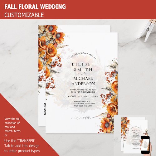 FALL WEDDING THEME  BURNT ORANGE   RUSTIC FLORAL INVITATION