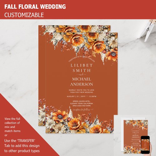 FALL WEDDING THEME  BURNT ORANGE   RUSTIC FLORAL INVITATION