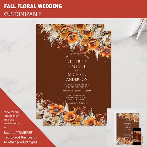 FALL WEDDING THEME  BURNT ORANGE   RUSTIC FLORAL INVITATION