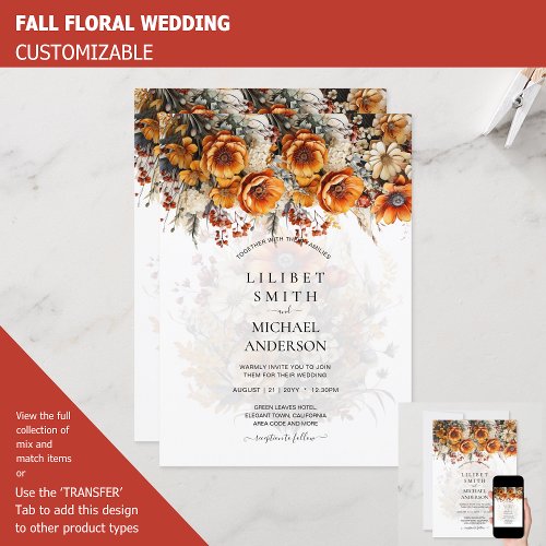 FALL WEDDING THEME  BURNT ORANGE   RUSTIC FLORAL INVITATION