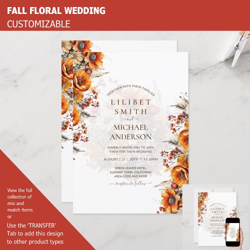 FALL WEDDING THEME  BURNT ORANGE   RUSTIC FLORAL INVITATION