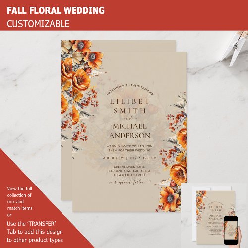 FALL WEDDING THEME  BURNT ORANGE   RUSTIC FLORAL INVITATION