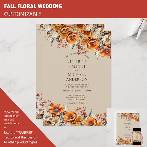 FALL WEDDING THEME  BURNT ORANGE   RUSTIC FLORAL INVITATION