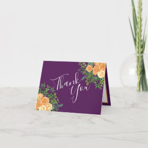 Fall Wedding Vintage Peach Rose on Purple Thank You Card