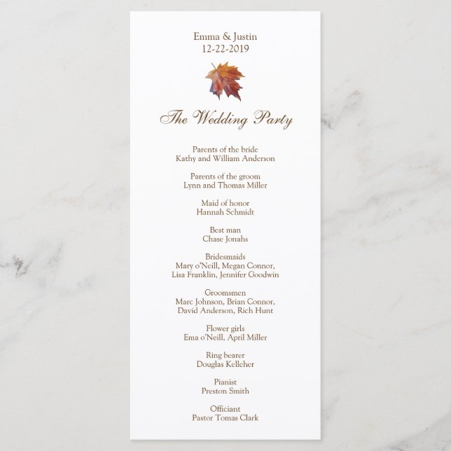 Fall Wedding Watercolor Leaf Rackckard Program (Front)