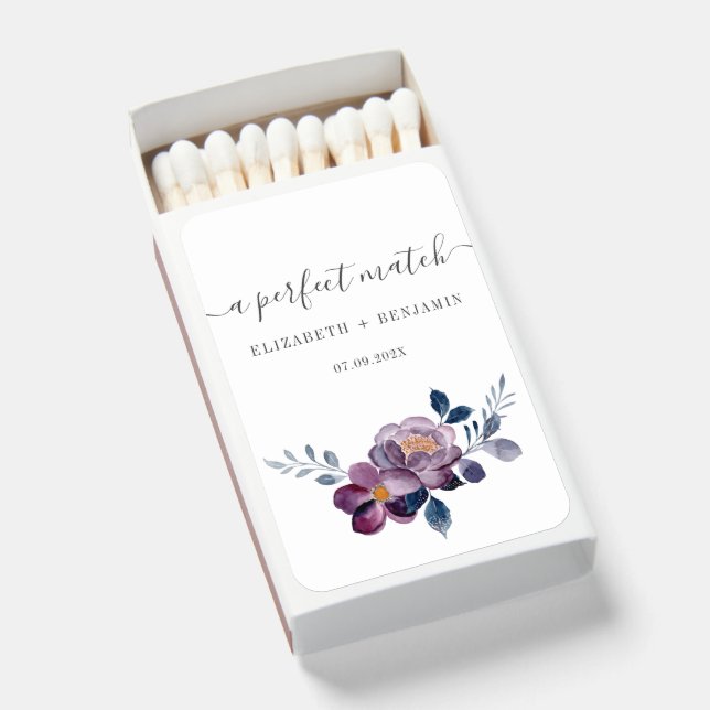 Fall Wedding Watercolor Purple Floral Favors Matchboxes (Front Open)