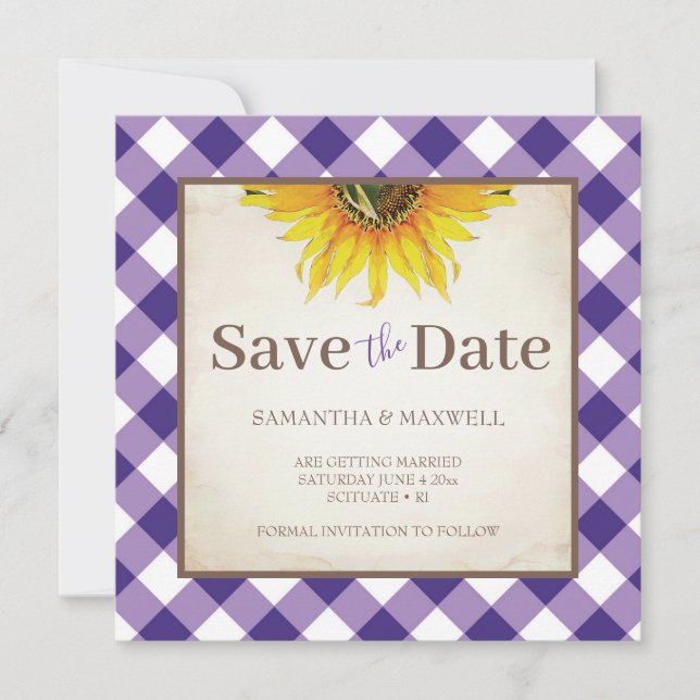 Fall Wedding With Purple Gingham Save The Date (Front)