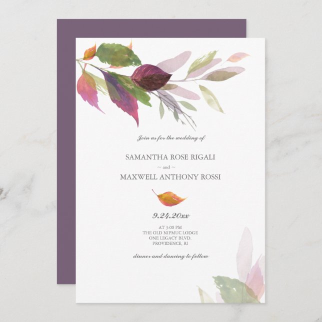 Fall Wedding With Purple Leaves Invitation (Front/Back)