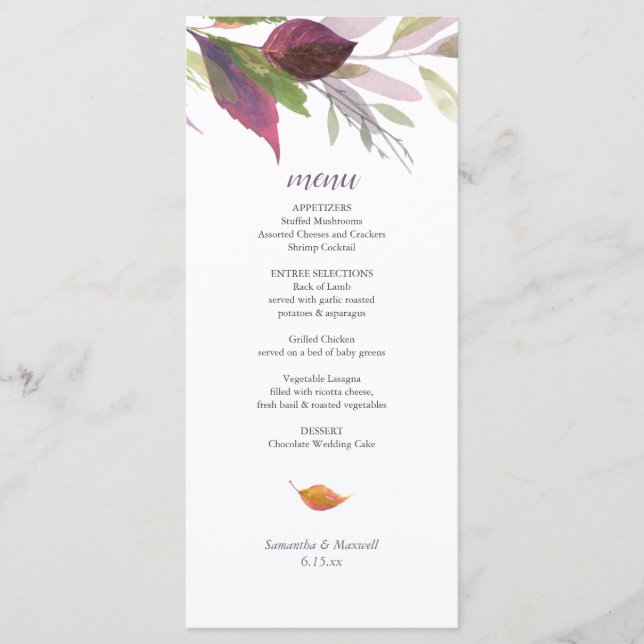 Fall Wedding With Purple Leaves Menu Card (Front)